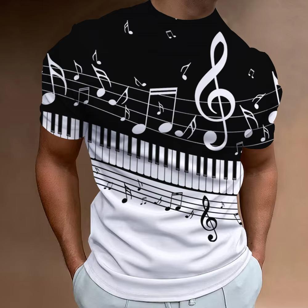 Music Notes Pattern 3D Digital Printed Men's Personalized and Fashionable Round Neck Short Sleeved T-shirt