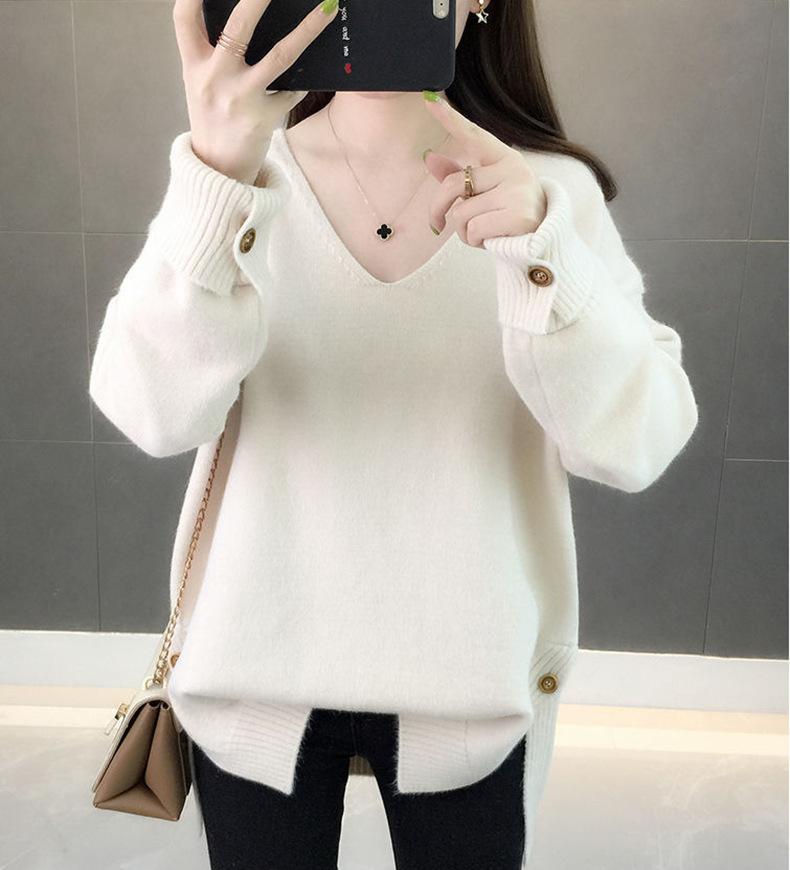 Autumn and Winter Women's V-neck Knitted Sweater Loose Button Solid Color Sweater for Women