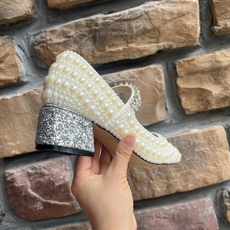 Fashion New Pointed Rhinestone Pearl Thick Heel Single Shoes Fashion European American Banquet Wedding Bride Bridesmaid High-heele Shoes