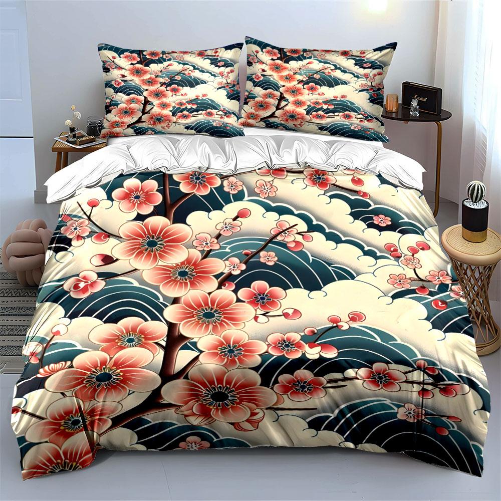 Sakura And Wave Background Print Bedding Set 1 Duvet Cover 2 Pillowcases For Adult And Children Luxury Gift Full Size