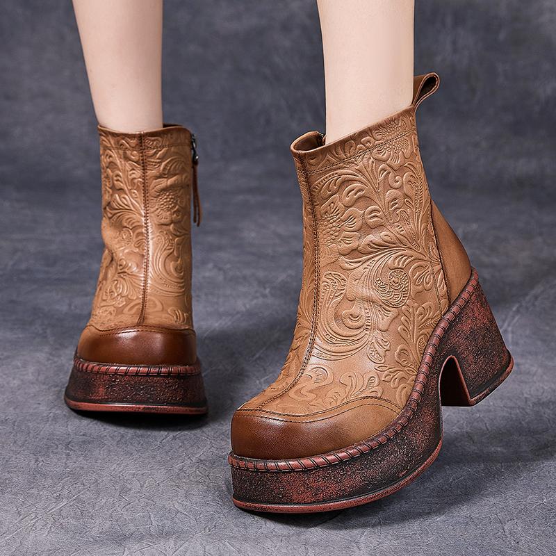 Fashion GKTINOO Women Motorcycle Boots Genuine Leather 2025 New Zip Round Toe Women Shoes Sewing Handmade Retro Platform Short Boots