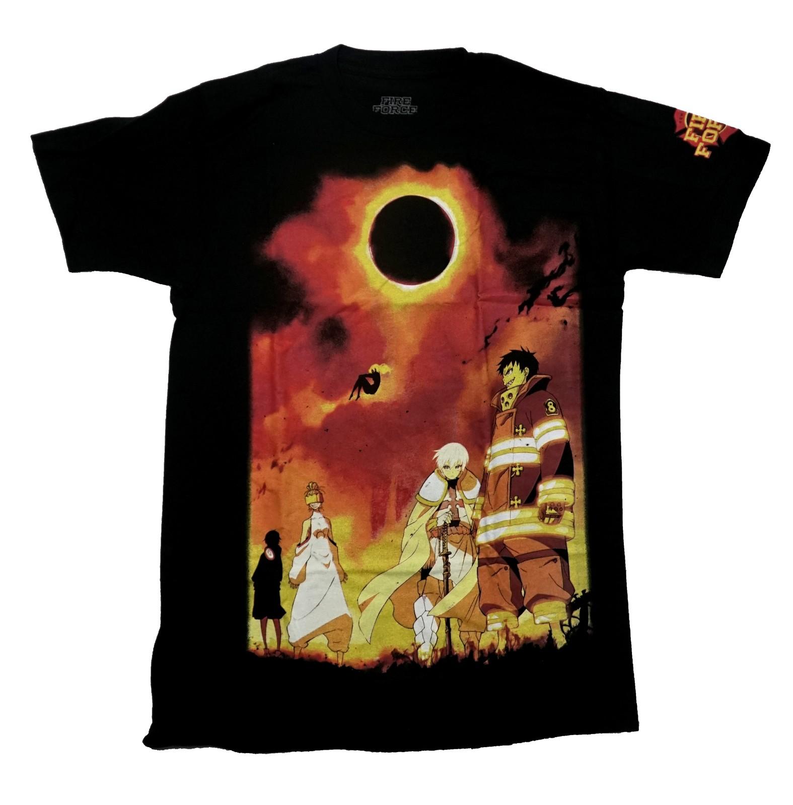 Fire Force New Adult T-Shirt - Cast Standing In Large Fire Backdrop XXXL