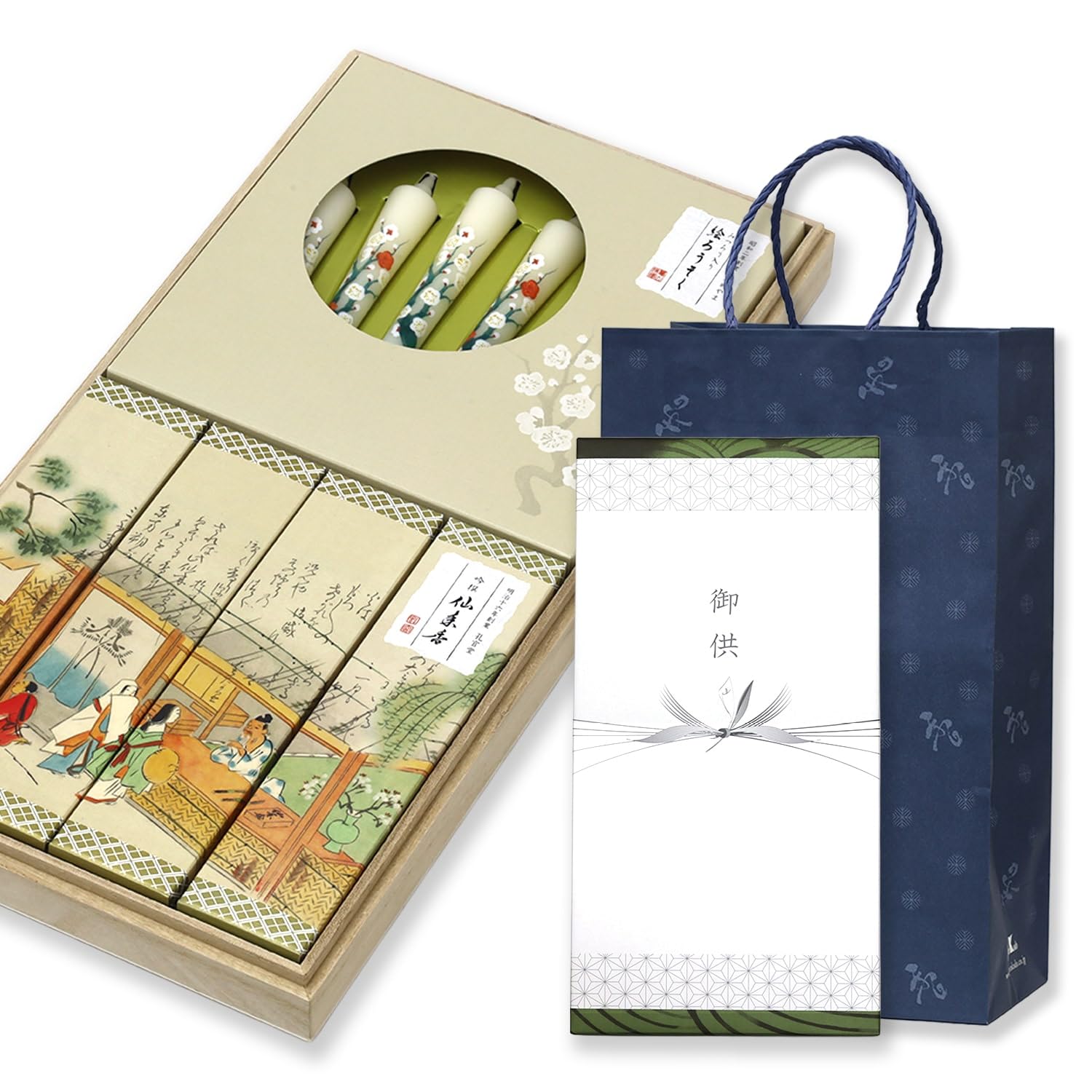 

Sympathy Incense Gift Set in Paulownia Wood Box [Sennenko Sandalwood with Outer Wrapping and Carry Bag, Ero-ro-sou (Illustrated Candle)] Made in
