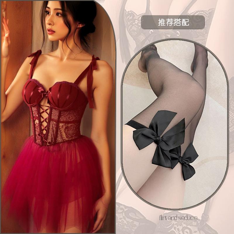 Sexy lingerie slim mesh perspective plus chest pad steel ring gathering women's suspender sex nightdress set