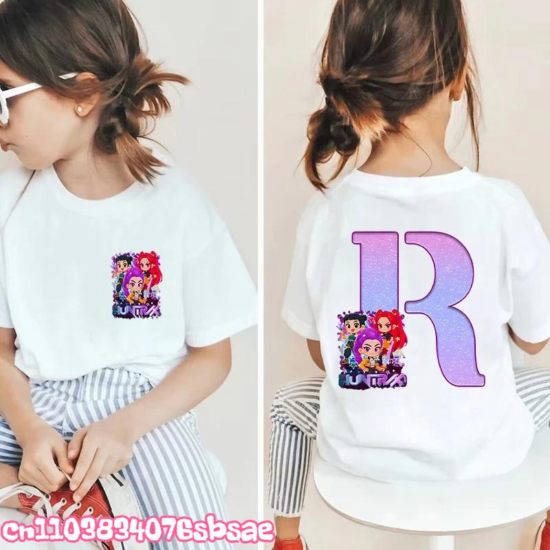 Hot Fashion Girls Boys T-shirts A-Z 26 Letter Kpop Demon Hunter HuntrX Graphic Kids Tops Short Sleeve Tees Shirts Child Clothing