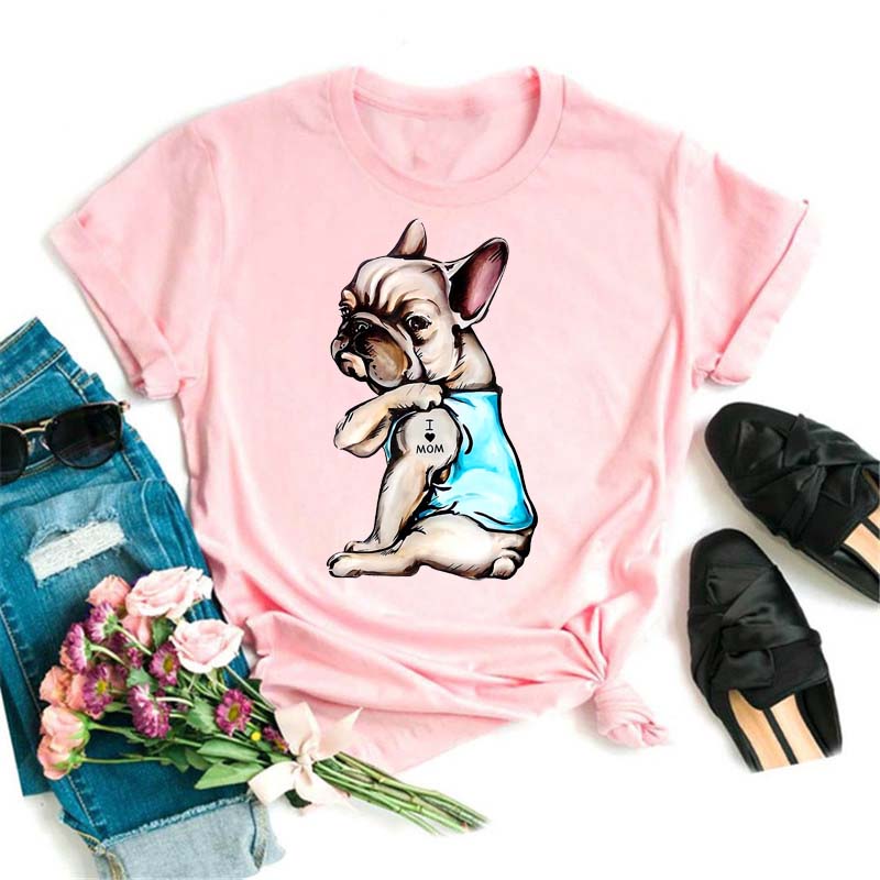 I Love Mom Print Damen T-Shirt Lustige Hundedruck Tops Harajuku Hunde-T-Shirt Sommer Kurzarm Graphic Tee Damen Kleidung