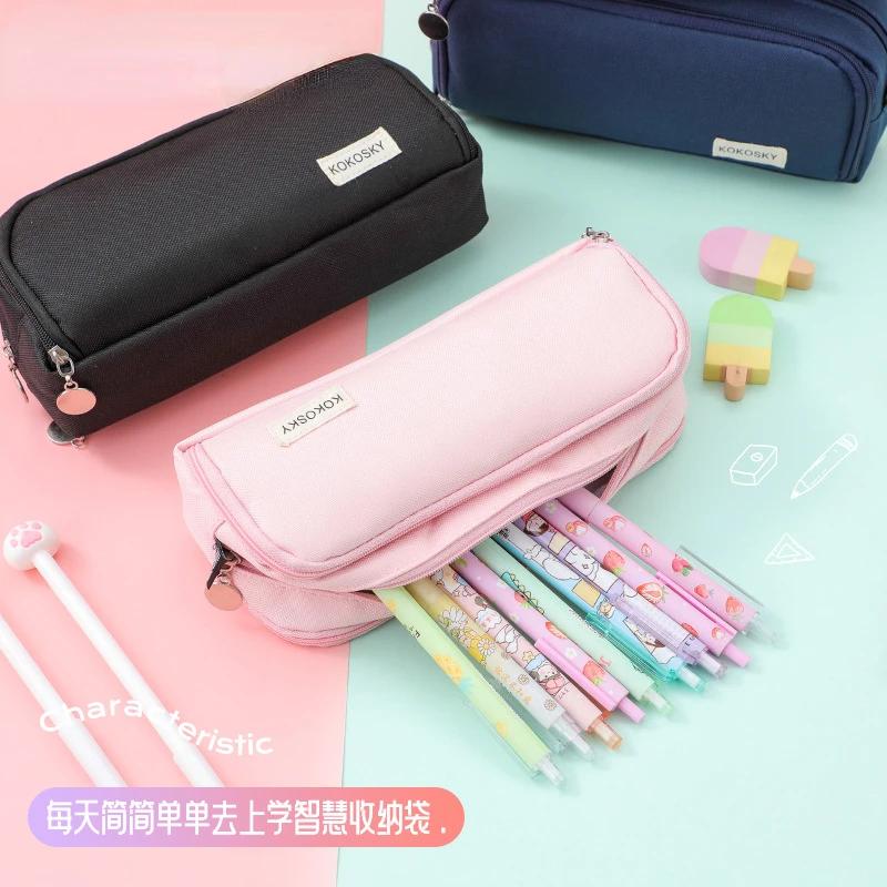 Estuche negro para lápices, gran espacio de almacenamiento, 2 compartimentos, bolsa de doble cara abierta, organizador de escritorio para estudiantes, útiles escolares