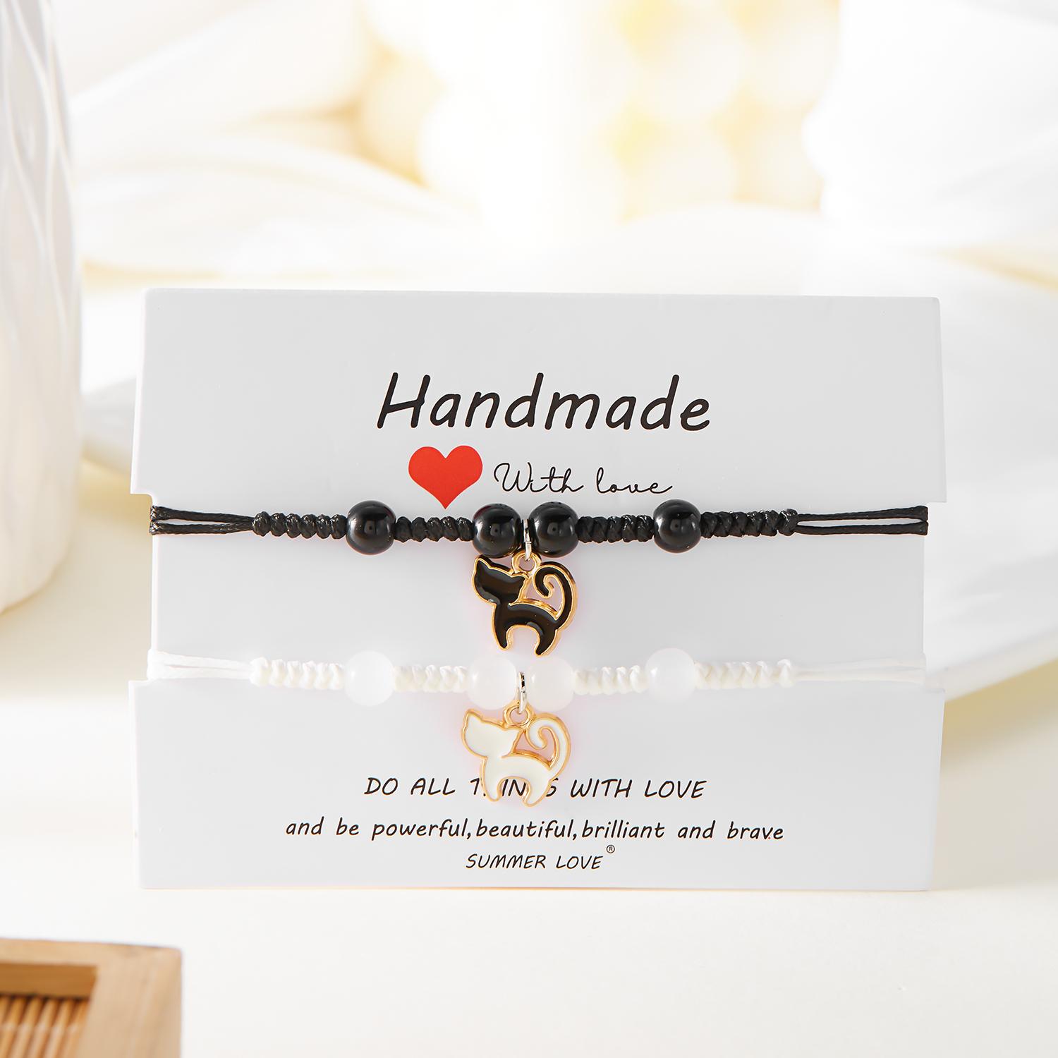 

Trendy Handmade Black White Rope Braided Couple Bracelets for Women Cute Cartoon Cat Pendant Bracelets Harajuku Jewelry Gifts
