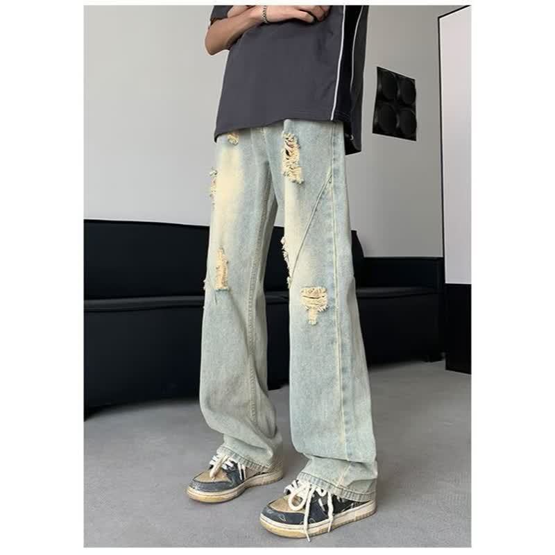 Retro micro-pull ripped jeans men's thin new high street ruffian handsome washed old straight trousers