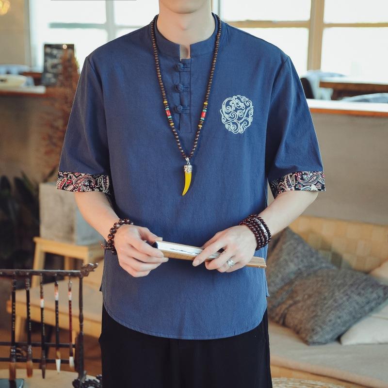 Camiseta de Manga Curta Masculina Gola V Solta Meia Manga Fivela de Disco Roupa Tang Marca Tendência Masculina Retrô