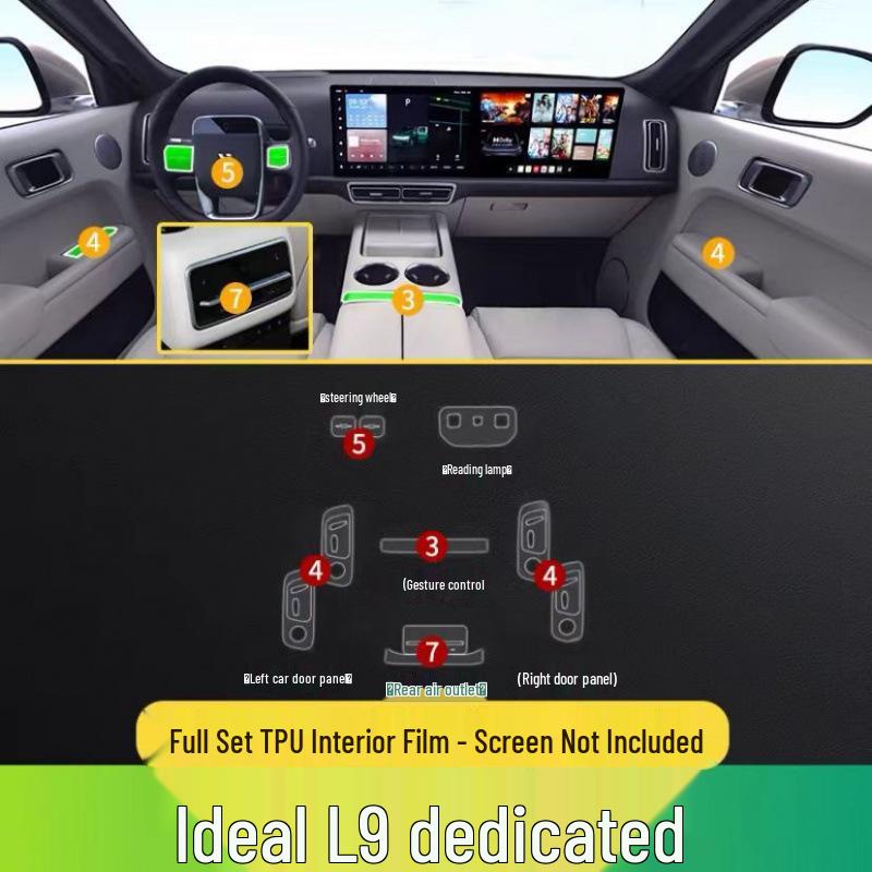 25 Model Compatible Li Auto L8/L9 Interior Film: Gear Shift, A/C Central Control, Dashboard Transparent TPU Protector