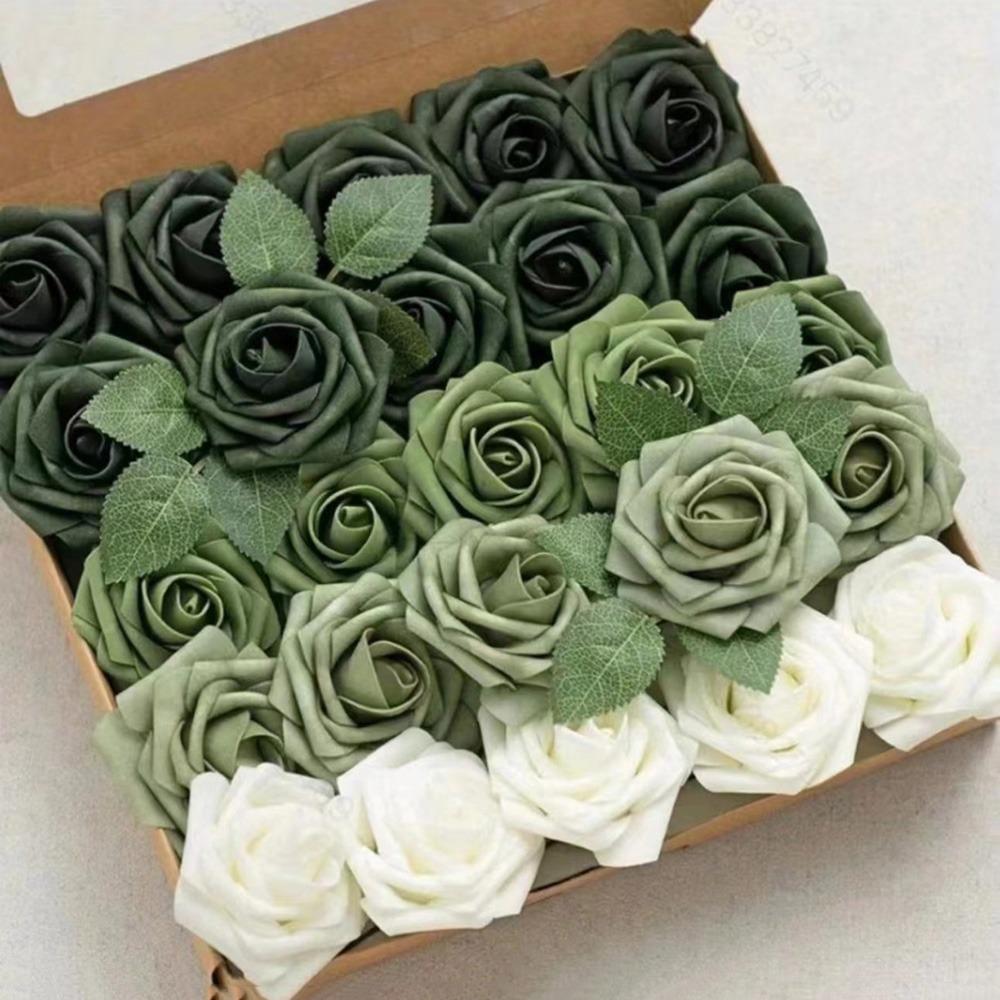 25PCS Gradiet Color Artificial Rose Flowers Flexible Wire Stems Realistic Flowers  Party Decoration