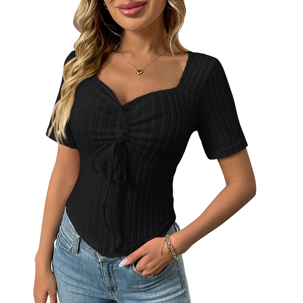 Damen V-Ausschnitt Kurzarm Geripptes Blusentop Slim Fit Süßes Kordelzug Cropped Tunika Top