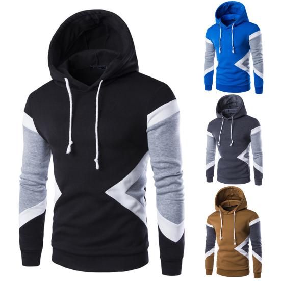 Men Hoodie Contrast Color Drawstring Autumn Winter Loose Patchwork Sweatshirt Male Clothes