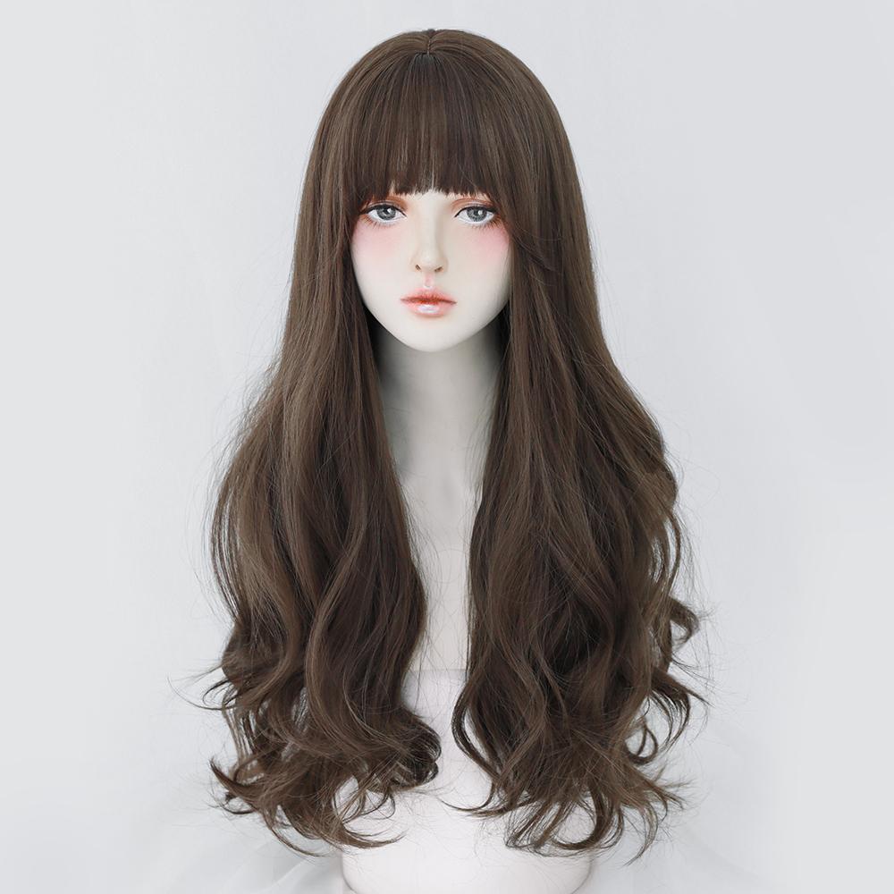Lange Lockige Haare Damen Perücke mit Pony Täglich Braun Schwarz Rosa Lolita Cosplay Geflochtene Perücken Hitzebeständige Faser Party Kunsthaar