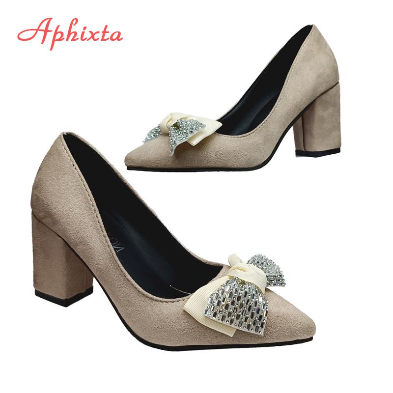 Fashion Aphixta Fashion Bling Crystal Bow 7cm Heels Pumps Women Butterfly-knot Pointed Toe Flock Suede Shoes Super Big Size 35-53
