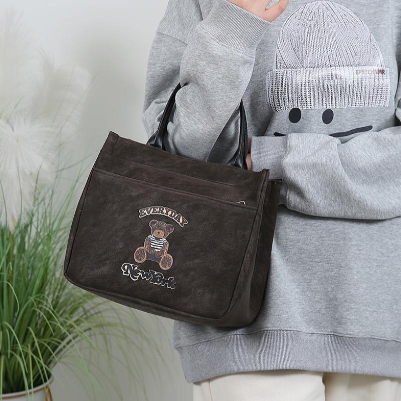 Cute Small Bear Printed Casual Versatile Large Capacity Tote Bag Travel Commuter Office Worker Lunch Bag
