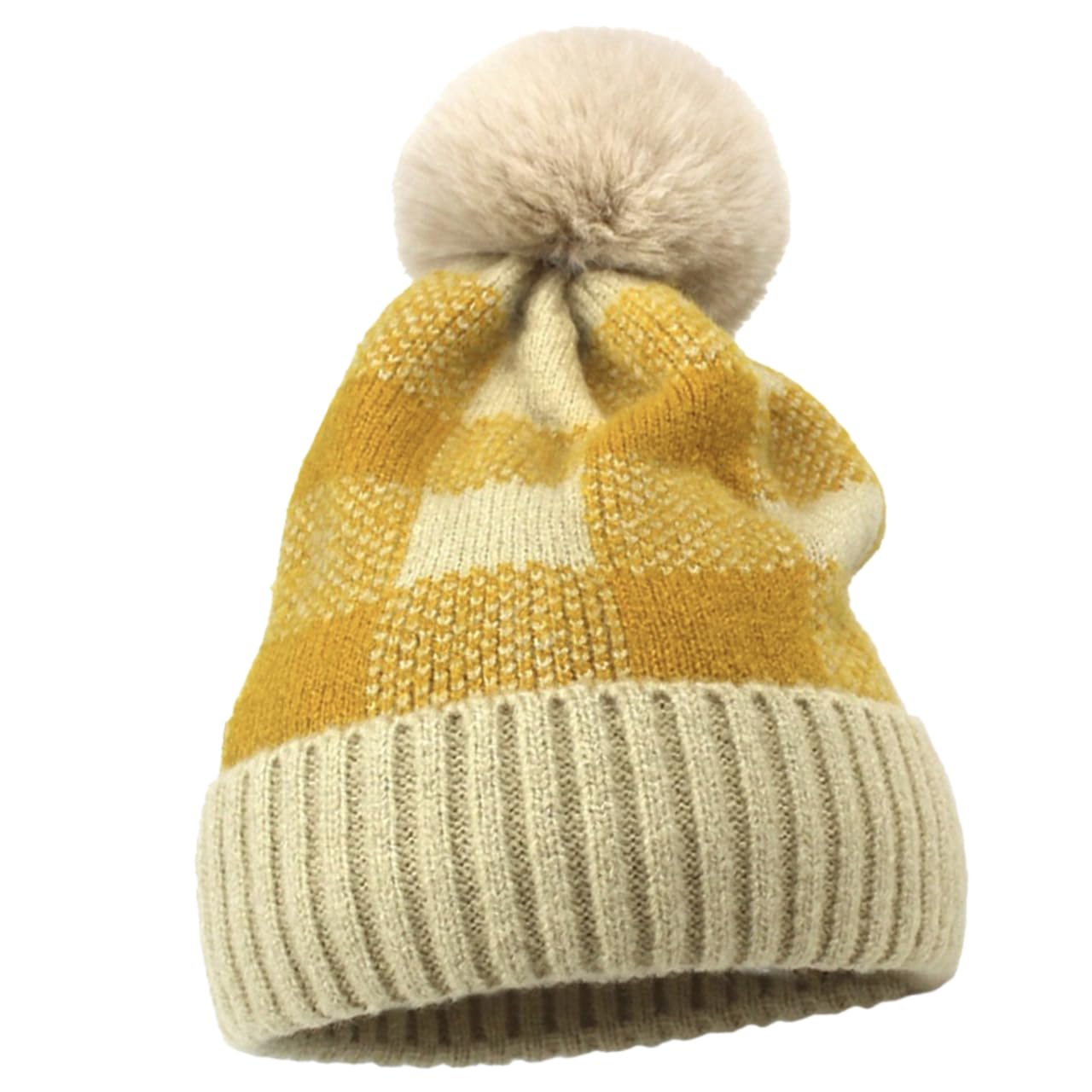 Одна Ограниченная Вязаная Клетчатая Акриловая Шапка с Помпонами CP868, Повседневная, Женская, (желтый)