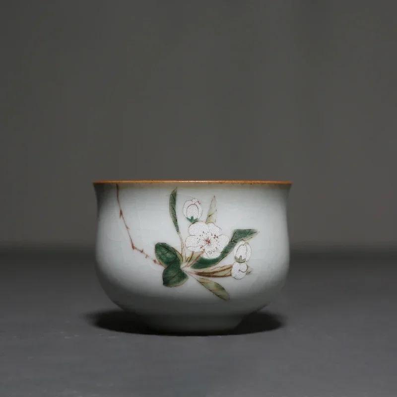 

Retro Ru Kiln Ceramic Teacup Travel Portable Meditation Cup Hand Painted Flower Tea Bowl Master Cup Handmade Tea Set Accessories 7.2X5CM 100ML