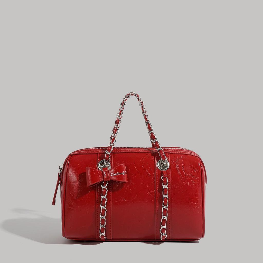 Korean-Style Boston Wax Leather Handbag with Bow Accent
