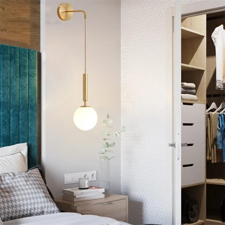 Nordic Gold/Black Wall Lamp Iron Glass Bedroom Headstock Living Room Study Simple Originality Milky White Glass Ball E27