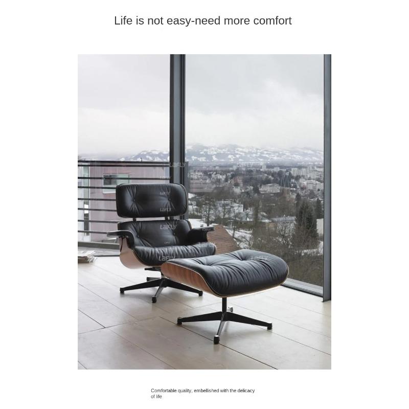 \vEU Stock Classic Reclining Armchair - Light Walnut, Light Brown/Black Cowhide, Large Headrest & Footrest, Swivel Lounge Chaise Longue Furniture
