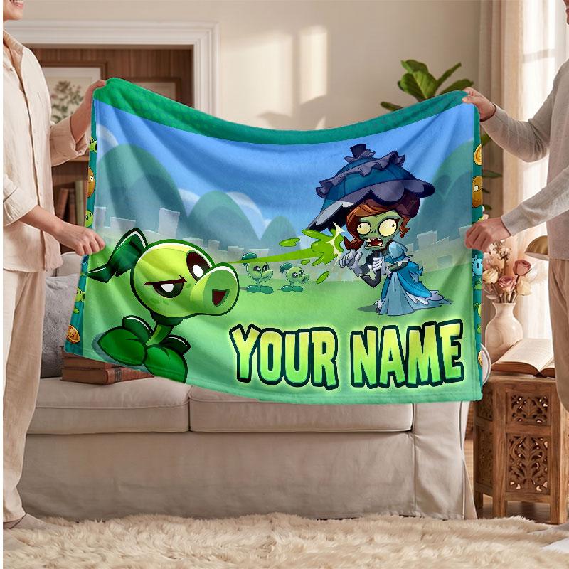 Plants vs. Zombie Personalized Flannel Blanket, Custom Printed Text Name, Warm Soft Blanket For Couch Bed