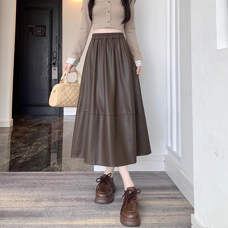 2024 Autumn/Winter New PU Leather Mid-Length Skirt - Versatile, Fashionable, Elastic Waist Umbrella Skirt for Women