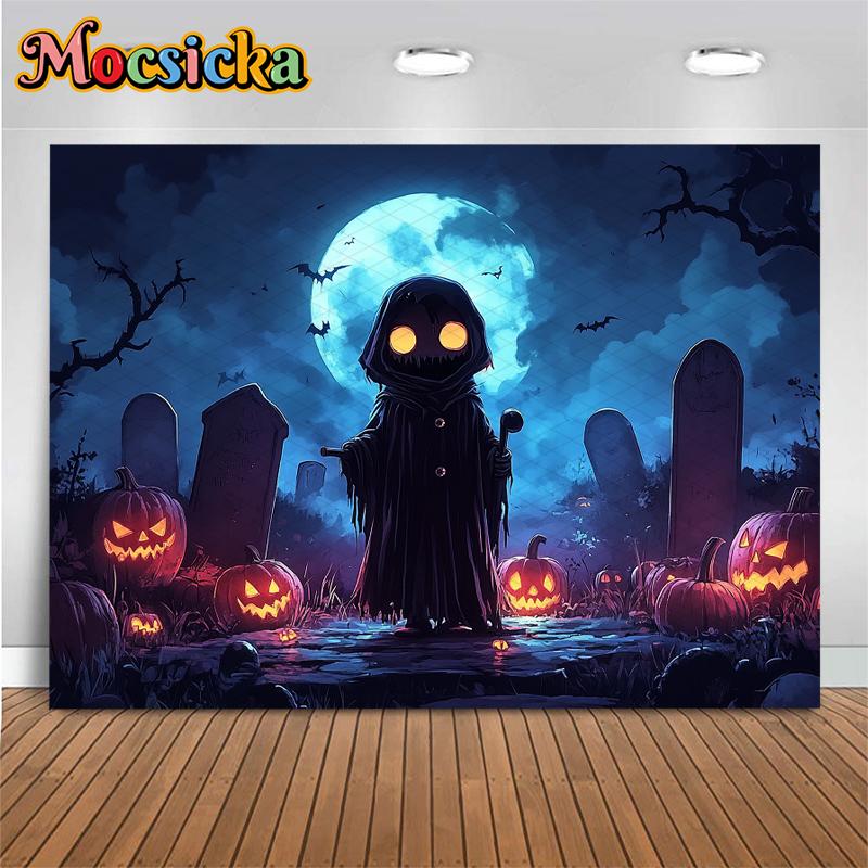 Mocsicka Halloween Backdrop Photography Baby Wizard Photo Backgrounds Night Moon Cemetery Ghost Pumpkin Party Decorations Banner