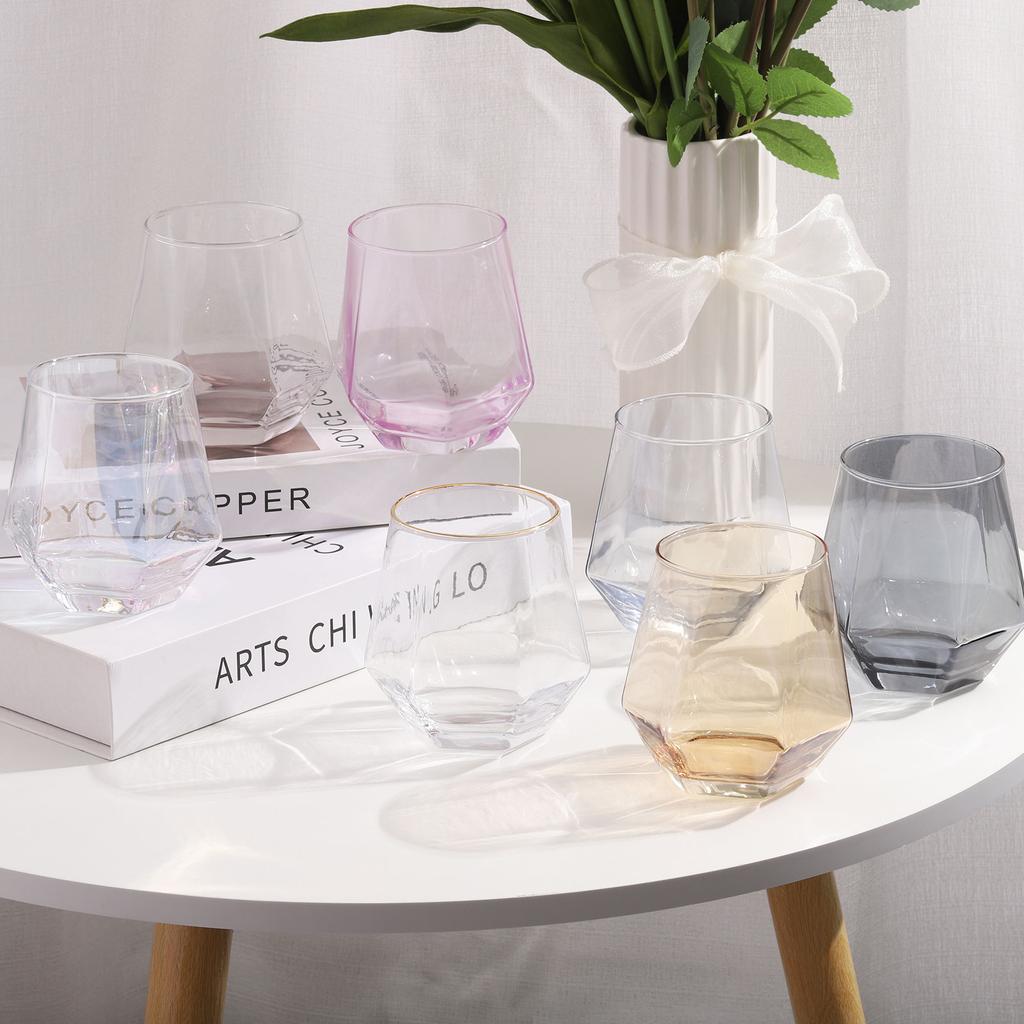 1/2/4pcs Diamond Whiskey Glasses 10oz Wine Glasses Stemless Geometric Design for Wine Red White Wine Birthdays Weddings Bachelor