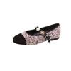 The Same Style As the Grape Mother, French Square Head Tweed, Small Thick Heel Badge, Genuine Leather Mary Jane Single Shoes, Women's Spring and 