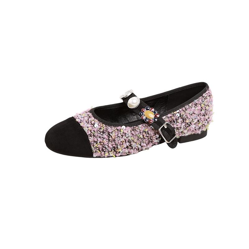 The Same Style As the Grape Mother, French Square Head Tweed, Small Thick Heel Badge, Genuine Leather Mary Jane Single Shoes, Women's Spring and 