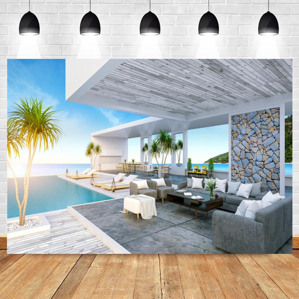 Summer Seaside Tropical Beach Balcony View Backdrop Palm Trees Mountain Wedding Party Portrait Photography Background Photo Prop
