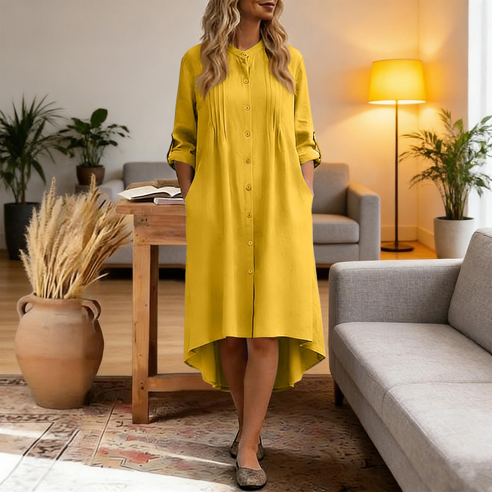 

Women s Color Spring Color Stand Up Collar Long Sleeved Loose Shirt Dress XL жовтий