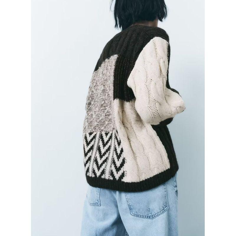 Za Fall and Winter New Preppy Style Cable-Knit Sweater Cardigan V Neck Loose and Idle Patchwork Knitting Outwear 9874104