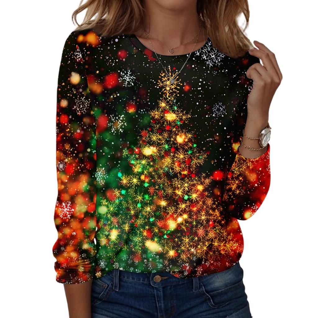 Damen Weihnachts-Print Rundhals Locker Langarm Top