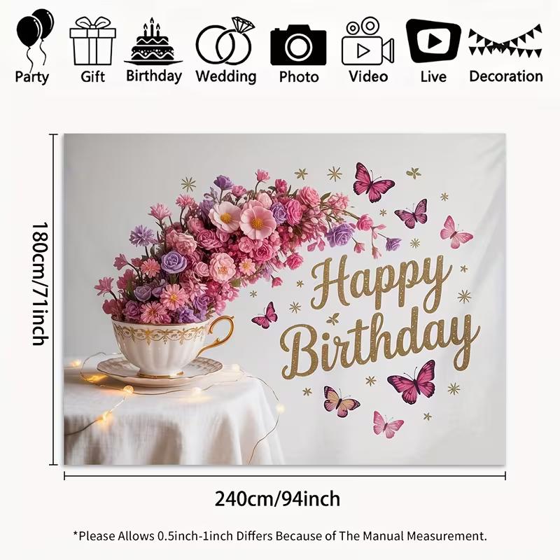 2D Pink Floral Butterfly Birthday Backdrop Elegant Teacup Flower Background for Girls