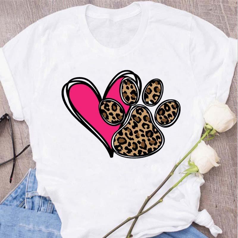 Womens Black Dog Claw Printed Tshirt Leopard Love Printed Christmas Reindeer Design Short Sleeve Casual Holiday Tshirt