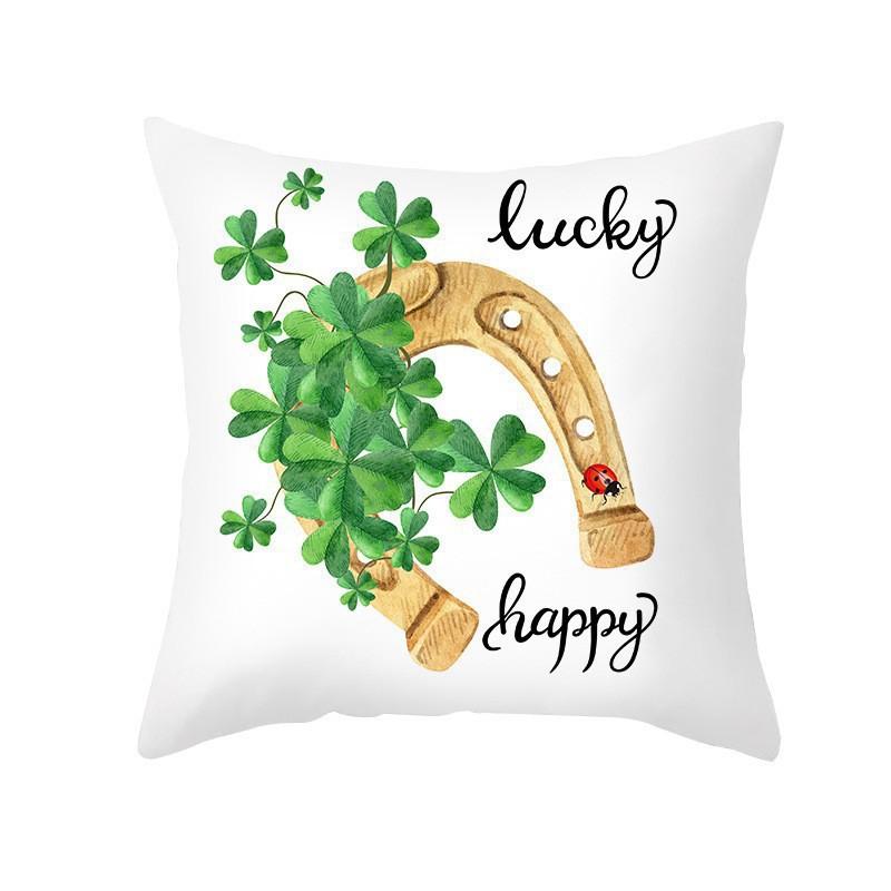 St. Patrick's Day Pillow Case Green Four-leaf Clover National Day Peach Skin Print Pillow Gift