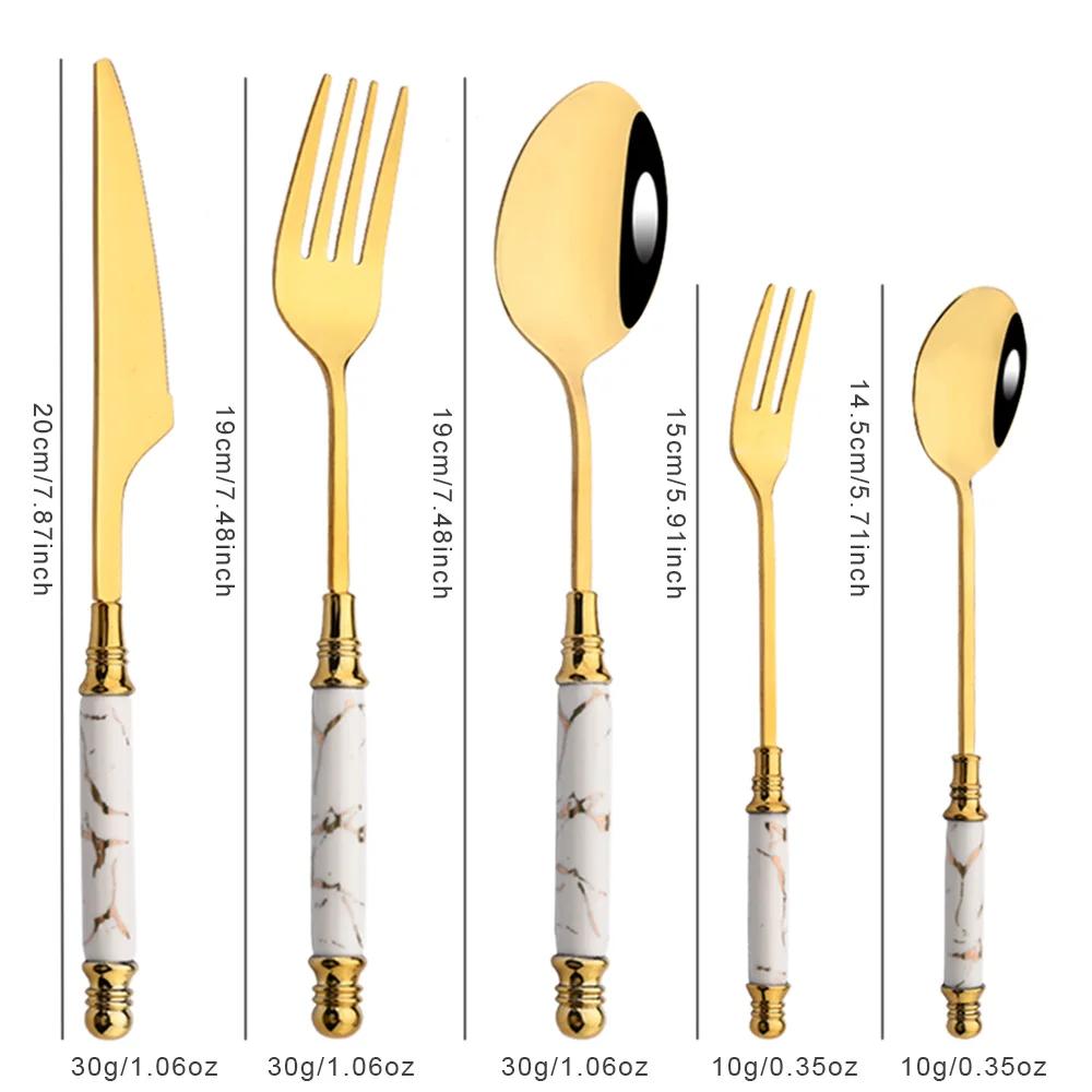 30Pcs Creative Imitation Ceramics Handle Dinnerware Set White Gold Cutlery Stainless Steel Tableware Knives Forks Spoon Flatware