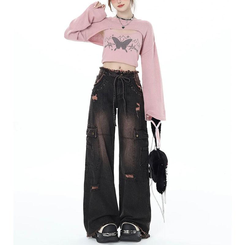 Y2K Vintage Hög midja Harajuku Lös Jeans Byxor Koreansk Mode Dam Grunge Vida Ben Oversized Denim Byxor Kvinnokläder