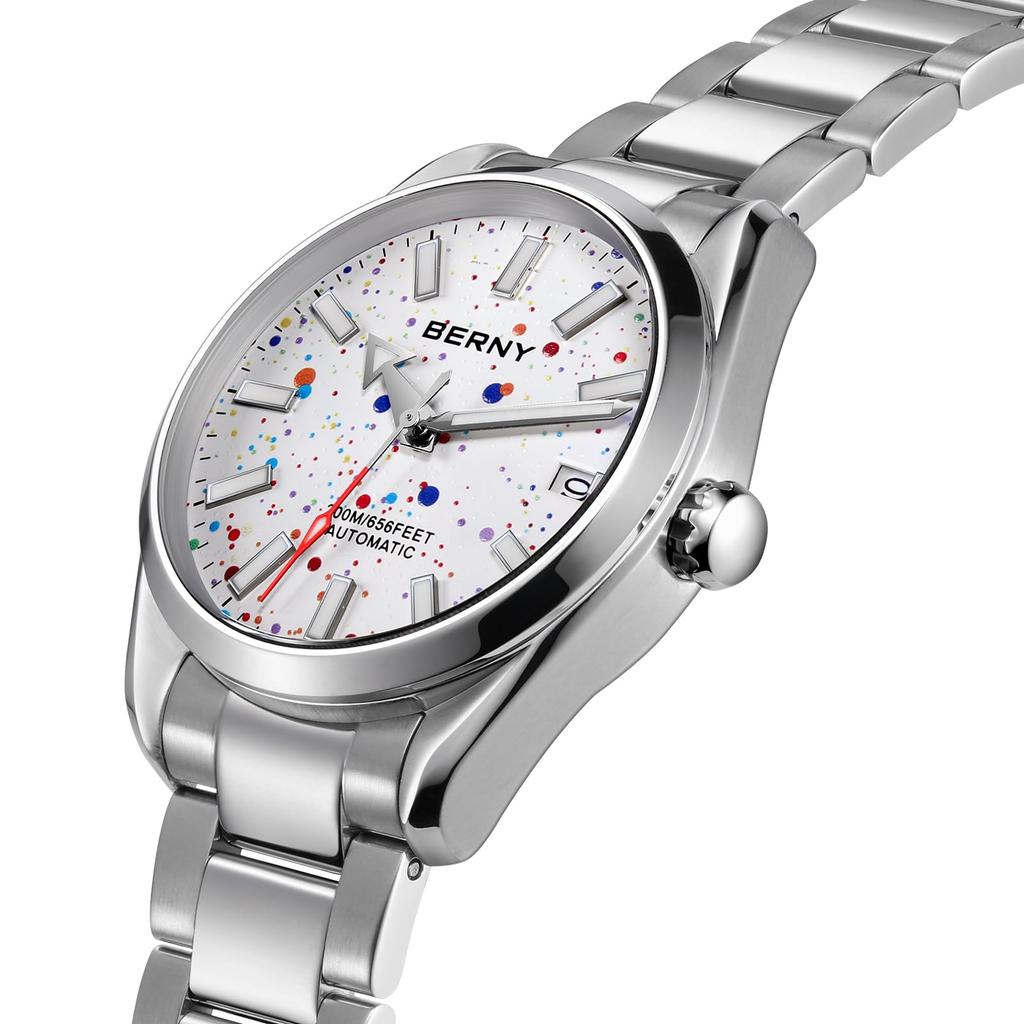 BERNY Automatikuhr für 200M Wasserdicht Superleuchtend Mechanisch Vollständig Edelstahl Analog Saphir Kalender Inklusive Herren, Herrenuhr, Silber, Uhr,