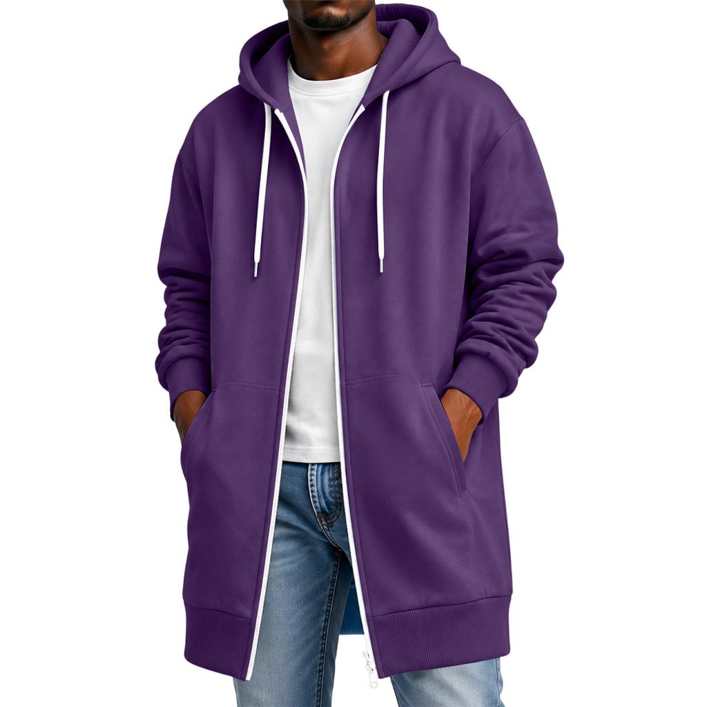 Men's Long Sleeve Longline Hooded Jacket with Double Zipper and Pockets