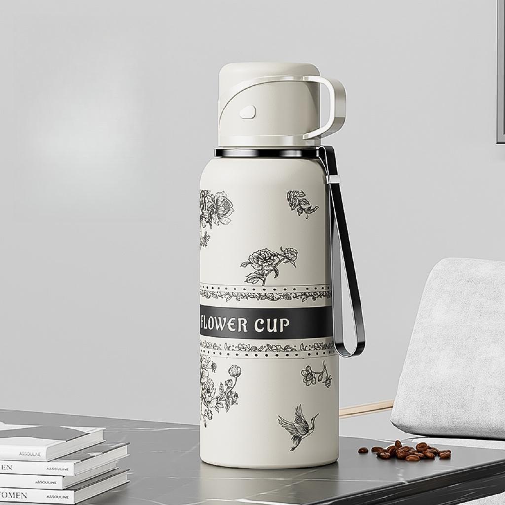600/800ml 316 Stainless Steel Thermos Bottle Vintage Floral Print Vacuum Insulated Water Bottle Portable Outdoor Travel Flask