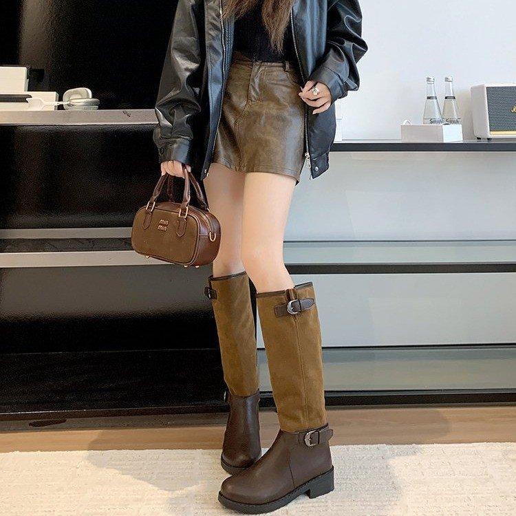 [youshilai] Splicing pile boots women's autumn and winter 2025 new knight boots retro wind boots