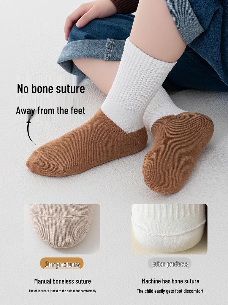 Children's Boys' White Mid-Tube Cotton Socks - Sweat-Absorbing, Boneless, Anti-Pilling, Dirt-Resistant; Ideal for Spring & Autumn.