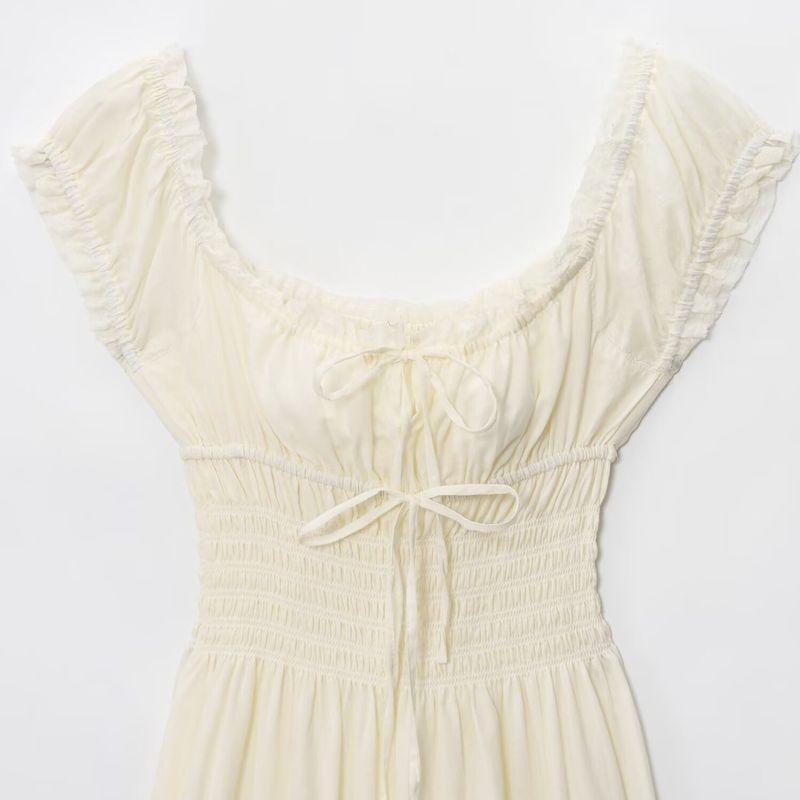 Kaslead New Women clothes Western Style Simple Temperament French style Double Layer Pure Cotton Waist Hugging Square Collar Long dress