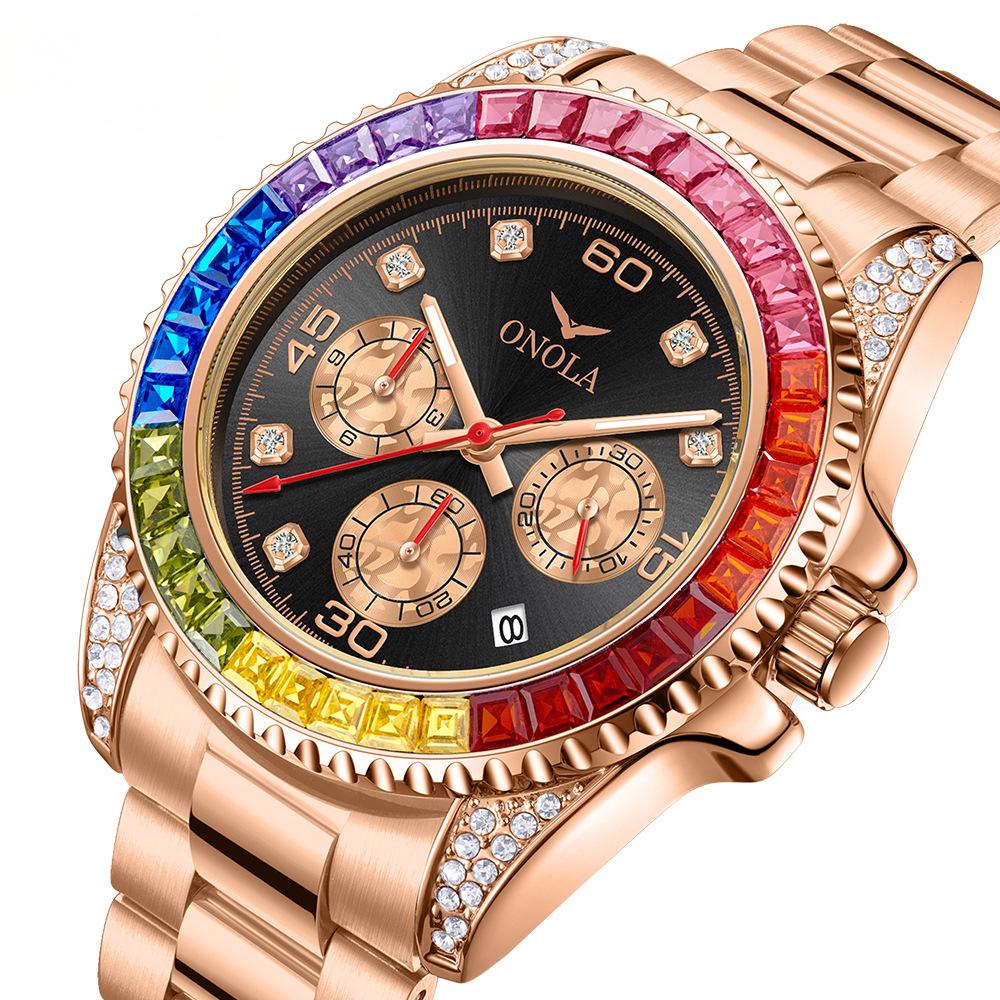 Mode Business Gold Uhr Wasserdicht Massiver Kern Stahlband Regenbogen DI Uhr Herren Neu