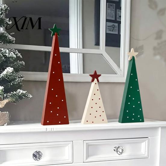 Small Wooden Trees for Mantels 3Pcs Christmas Tree Ornament, Polka Dot Cone Decor with Tiered Tray Decoration Star Topper, Rustic Farmhouse