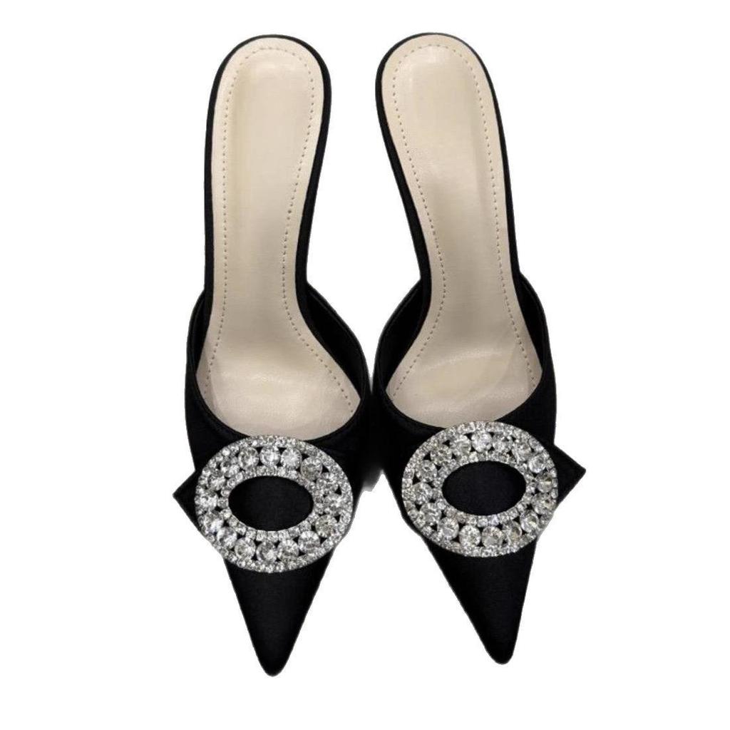 Women's Rhinestone Stiletto Heels - Pointed Toe, Square Buckle, Versatile Half Slippers